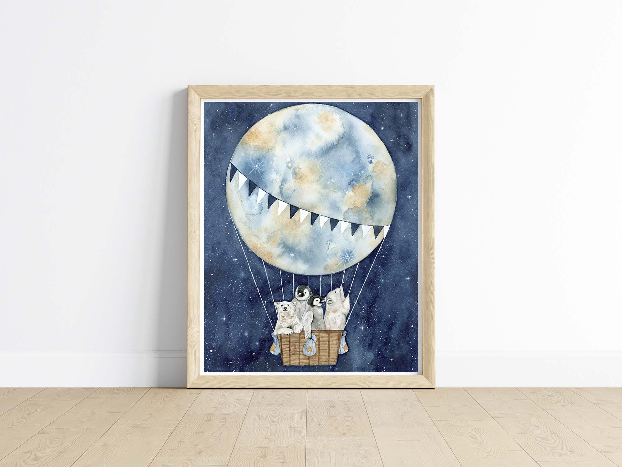 水彩画　「Polar Moon」 Polar dreams aloft - Artic Animals/Moon/Hot Air Balloon/ Nursery