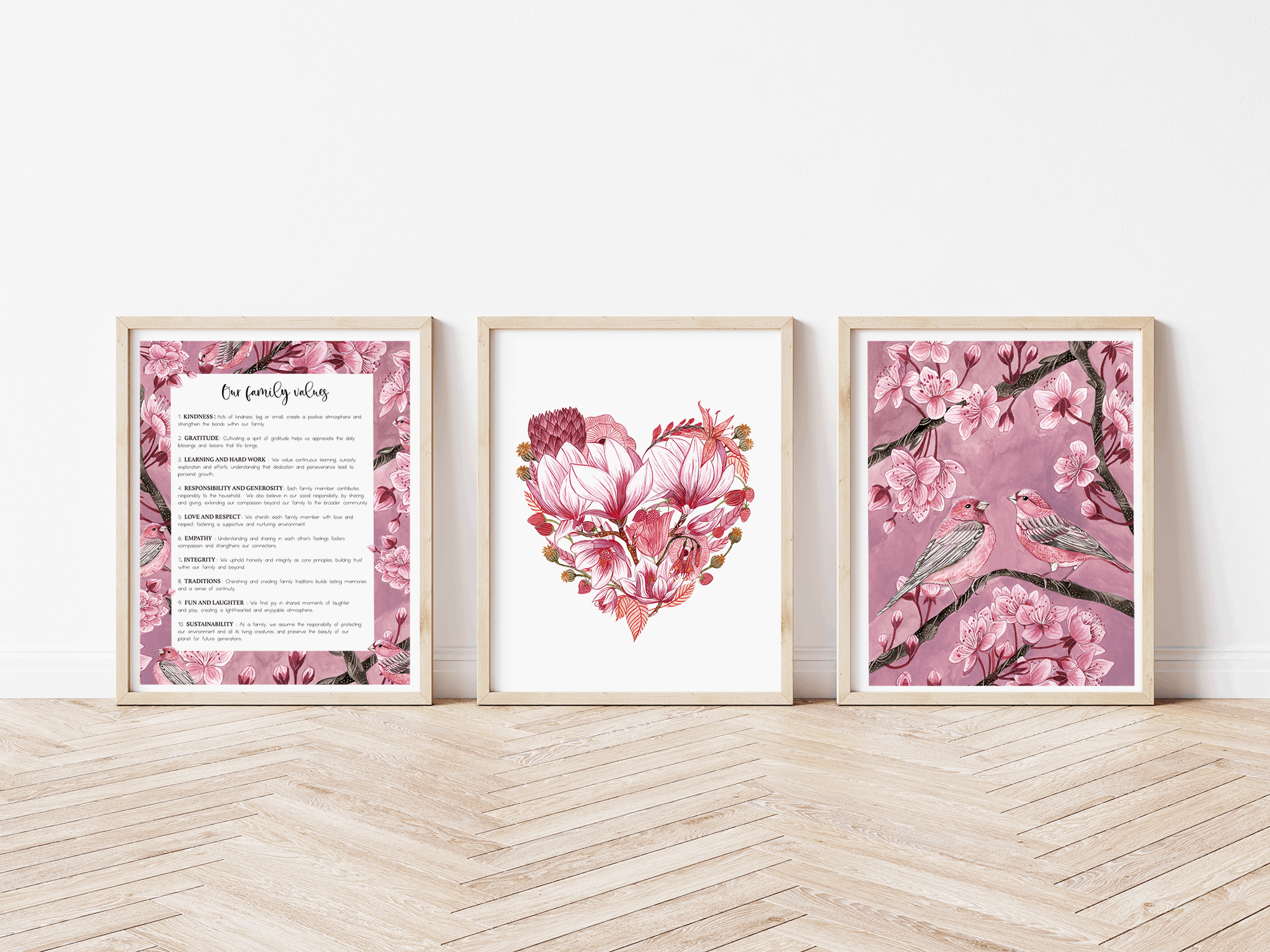 Pink Botanical Art Prints Trio (Set of 3)